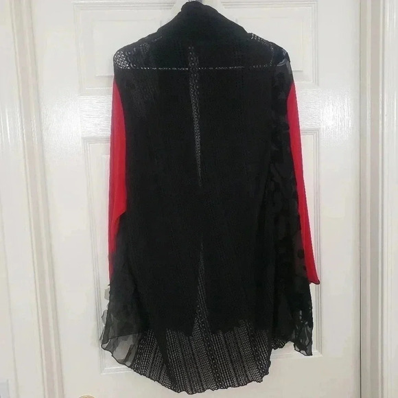 AHNI Red and Black Velvet and Sheer Open Cardigan - Picture 2 of 10